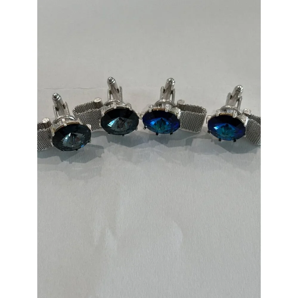 Vintage mesh cufflinks, Blue Black Rivoli Glass stones 2 pair